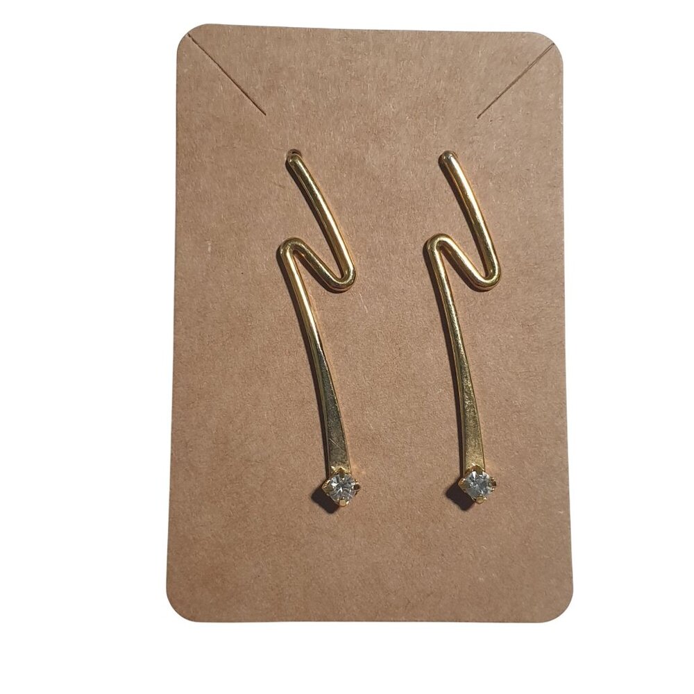 Gold Tone Zigzag Drop Earrings Rhinestone Accents Retro Fashion Bling Gift